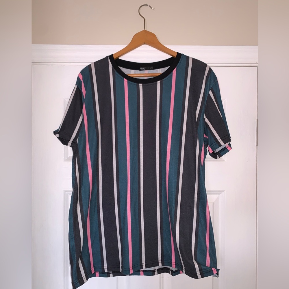 Aesthetic Striped T Shirt Black/Dark Green/White/Pink - Men’s Large